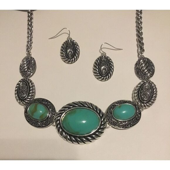 Silver Turquoise Filigree Necklace Set - Picture 1 of 2